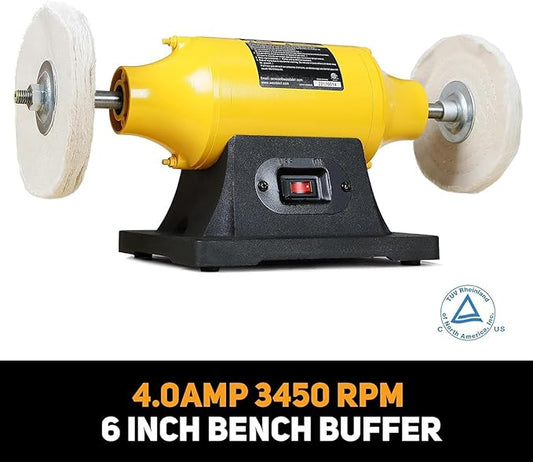 4.0A Bench Buffer Polisher, 6 Inch Jewelry Buffer Polishing Machine, 3450 RPM Bench Polisher with Hard & Flannelette Buffing Wheels for Metal, Jade, Jewelry, Knife, Wood