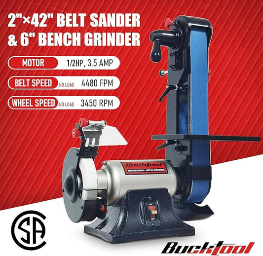 Bucktool Combo 2" x 42" Belt Sander 6" Bench Grinder, Knife Sharpener with Large Work Table BG2600 Upgraded Model
