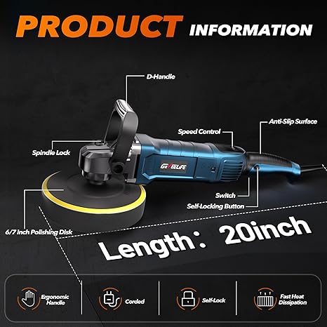 Buffer Polisher, 6 Inch/7 Inch 1600W Rotary Car Buffer Polisher Waxer, 7 Variable Speed 1000-3500 RPM, Detachable Handle for Car, Boat Sanding, Polishing, Waxing