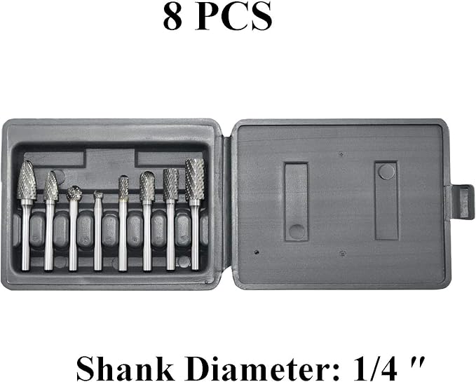 Carbide Burr Set 8pcs with 1/4''Shank Double Cut Solid Power Tools Tungsten Carbide Rotary Files Bits for Die Grinder Metal Wood Carving Engraving Polishing Drilling Grinding Milling Cutting