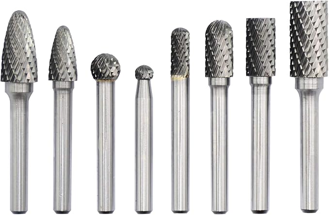 Carbide Burr Set 8pcs with 1/4''Shank Double Cut Solid Power Tools Tungsten Carbide Rotary Files Bits for Die Grinder Metal Wood Carving Engraving Polishing Drilling Grinding Milling Cutting